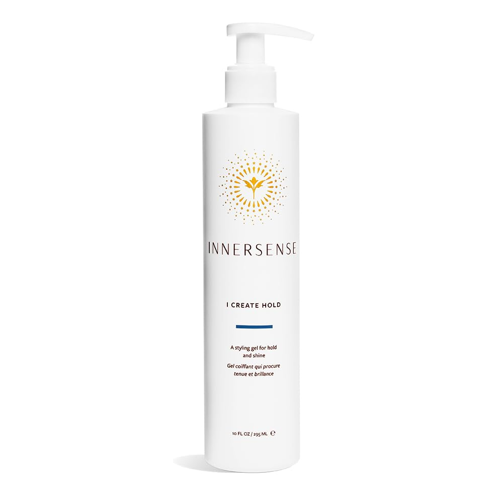 INNERSENSE Organic Beauty I Create Hold Styling Gel in a tall white pump bottle with gold sunburst logo — 10 fl oz clean non-toxic cruelty-free styling gel