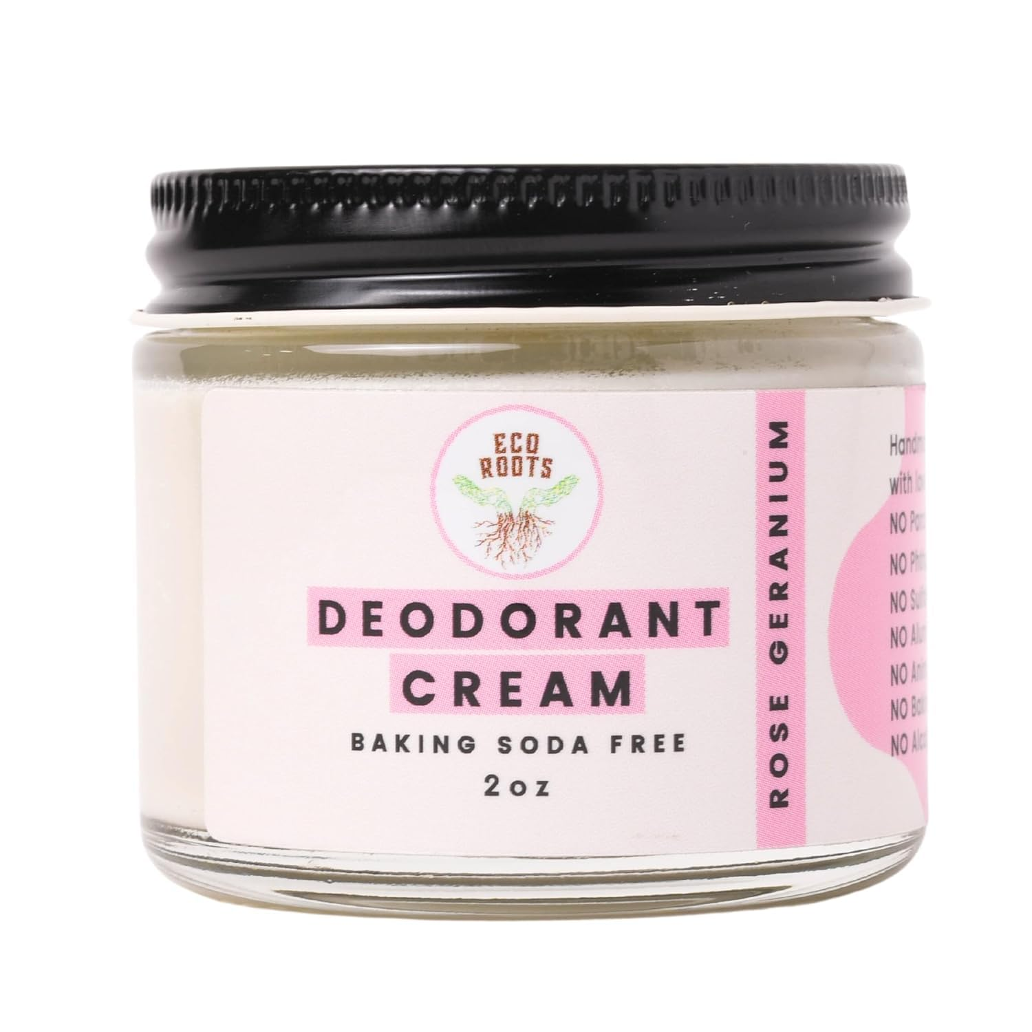 ECO ROOTS Organic Deodorant Cream in Rose Geranium scent – 2oz glass jar, aluminum-free, baking soda-free, vegan pit paste for sensitive skin