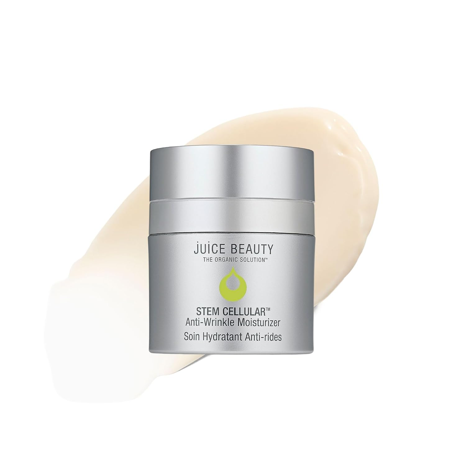 Juice Beauty Stem Cellular Anti-Wrinkle Moisturizer in a sleek silver airless pump jar with cream swatch on white background