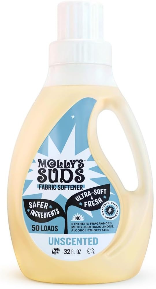 Molly's Suds Liquid Fabric Softener Unscented 32oz bottle — safer ingredients certified vinegar-powered no synthetic fragrance 50 loads