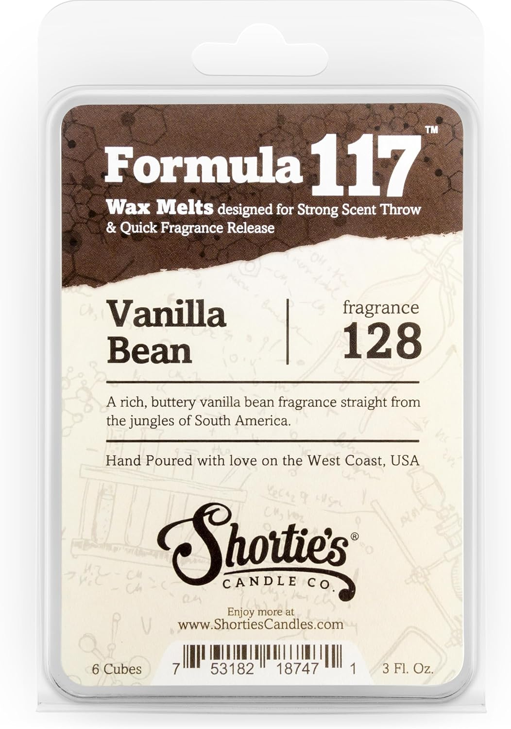 Shortie's Candle Company Vanilla Bean Premium Wax Melts Formula 117 in clear clamshell packaging with brown and cream label showing 6 cubes, 3 fl oz, hand poured on the West Coast USA.