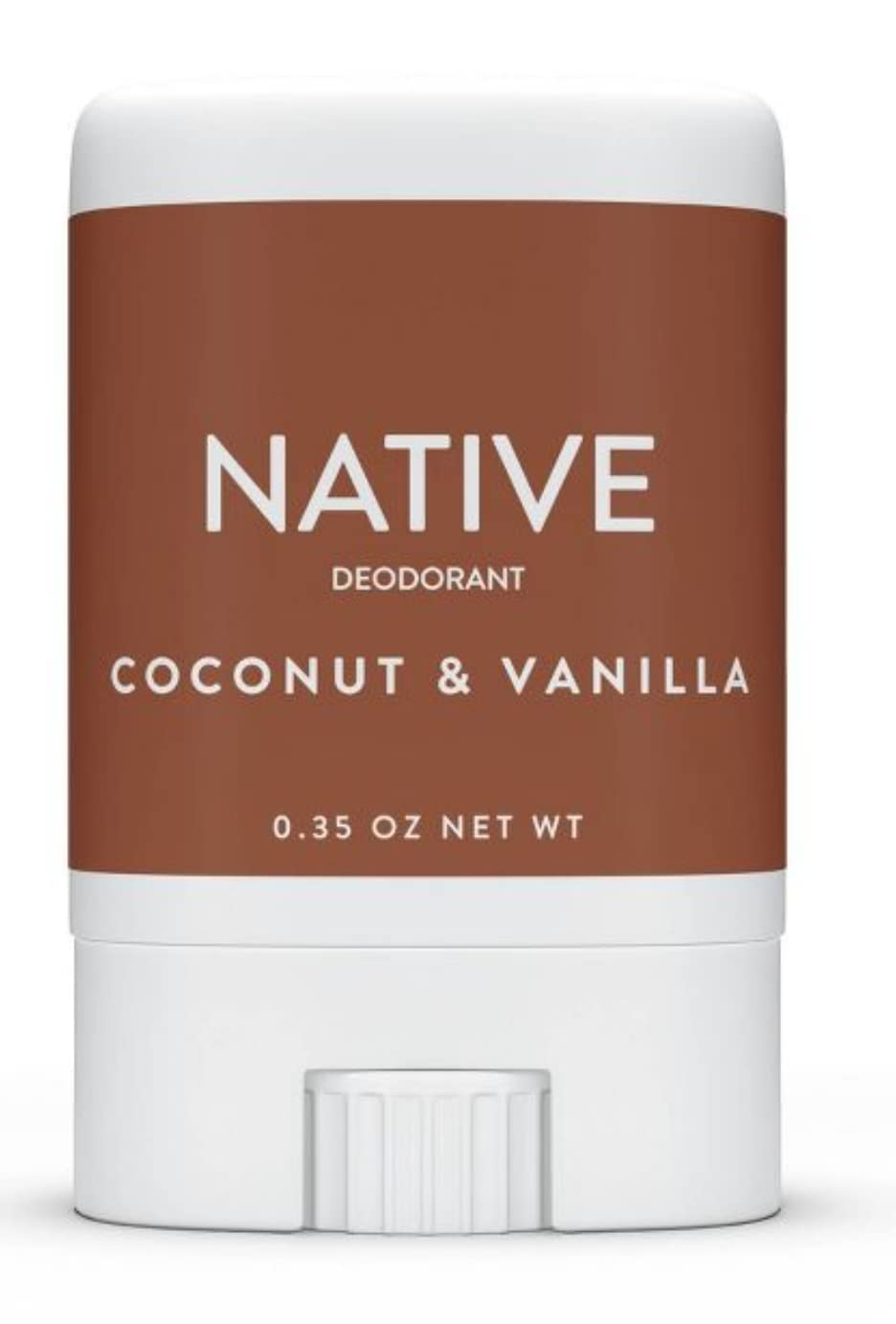 Native Coconut & Vanilla Mini Deodorant stick, aluminum-free, 0.35oz travel size, front view showing brown label with white text