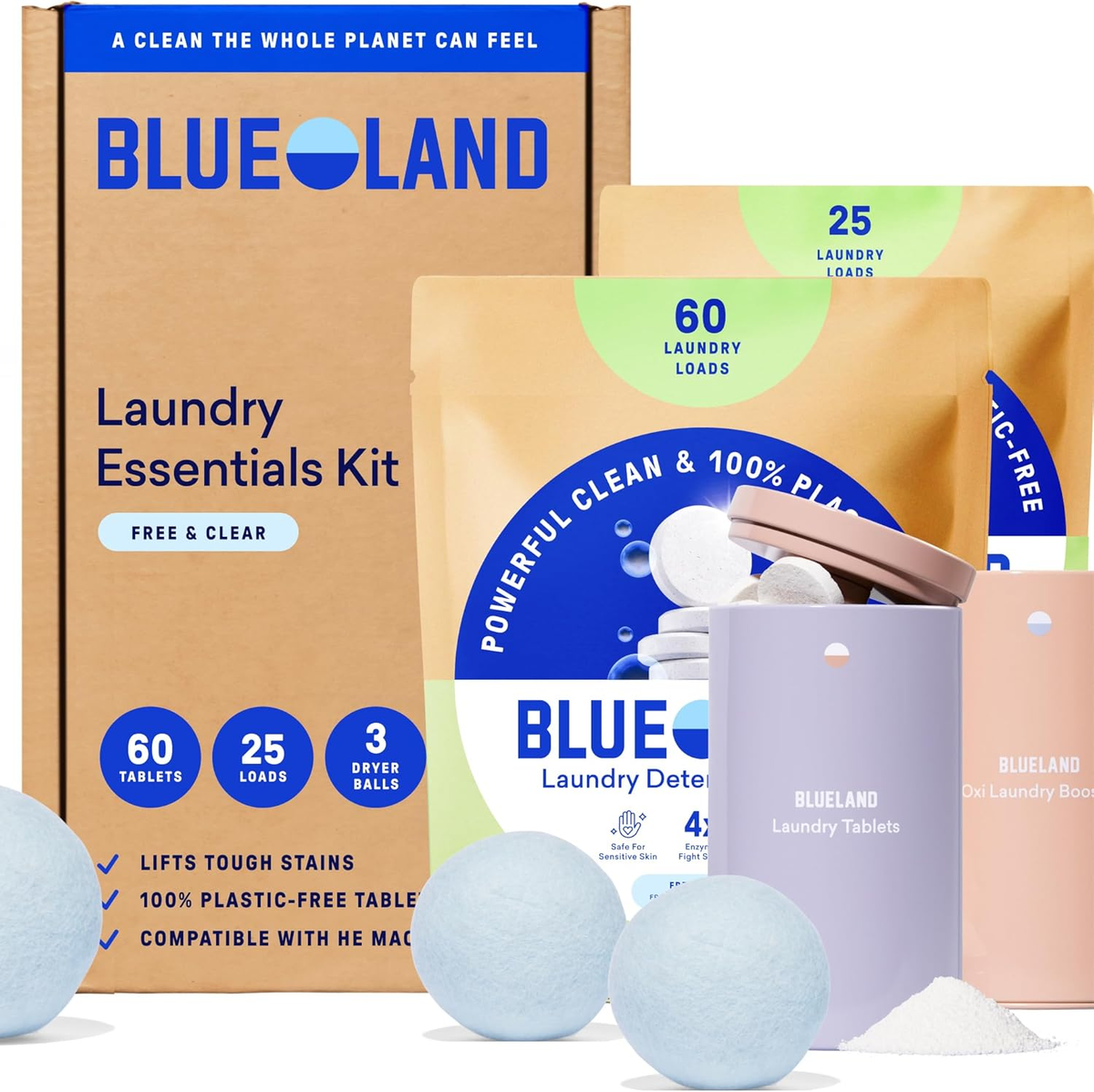 Blueland Laundry Essentials Kit — 100% Plastic-Free Detergent Tablets, Oxi Booster and Wool Dryer Balls — BodyWell1