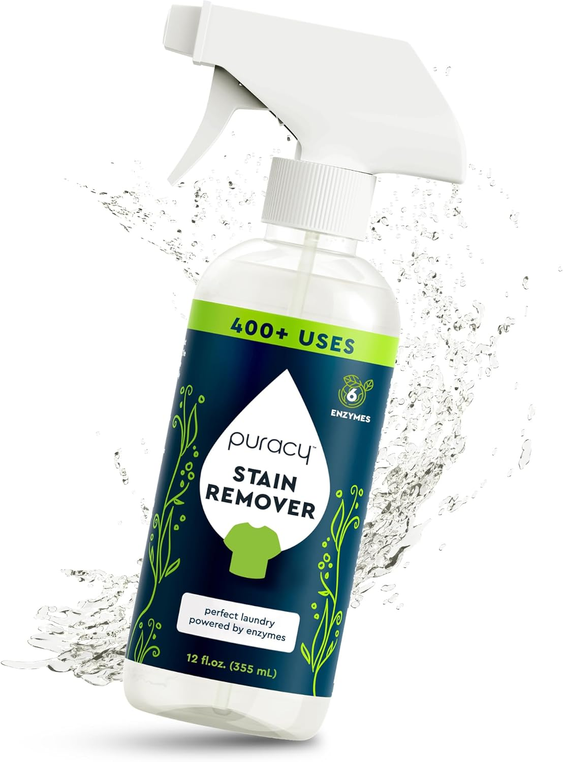 Puracy Natural Stain Remover spray bottle 12 fl oz with 6 plant-based enzymes, 400+ uses, safe for baby and kids laundry and fabric spot cleaning