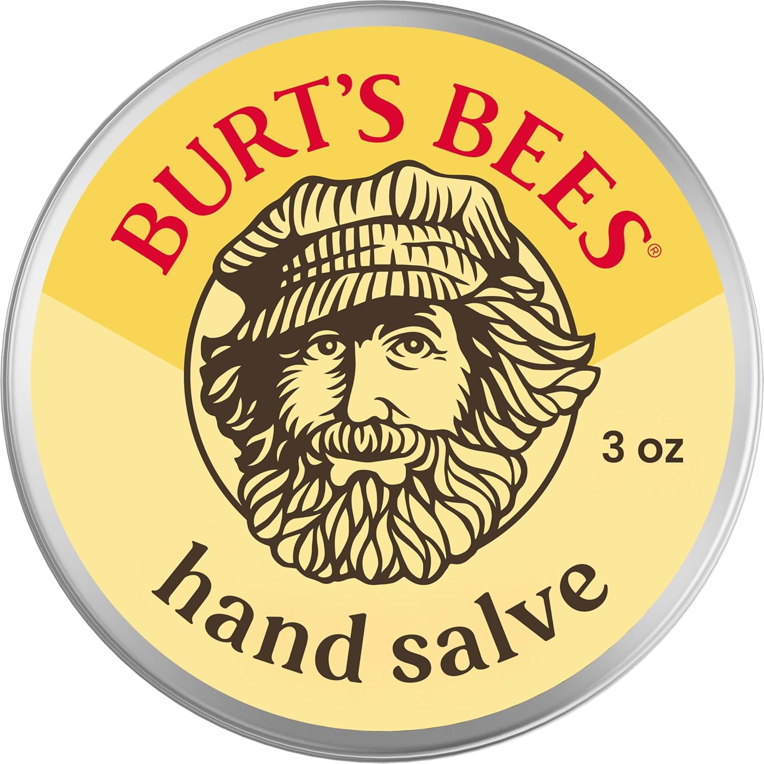 Burt's Bees 100% Natural Beeswax Hand Salve 3oz tin with yellow label and iconic Burt's Bees logo — natural hand salve for dry cracked hands, no synthetic fragrance, no petrolatum
