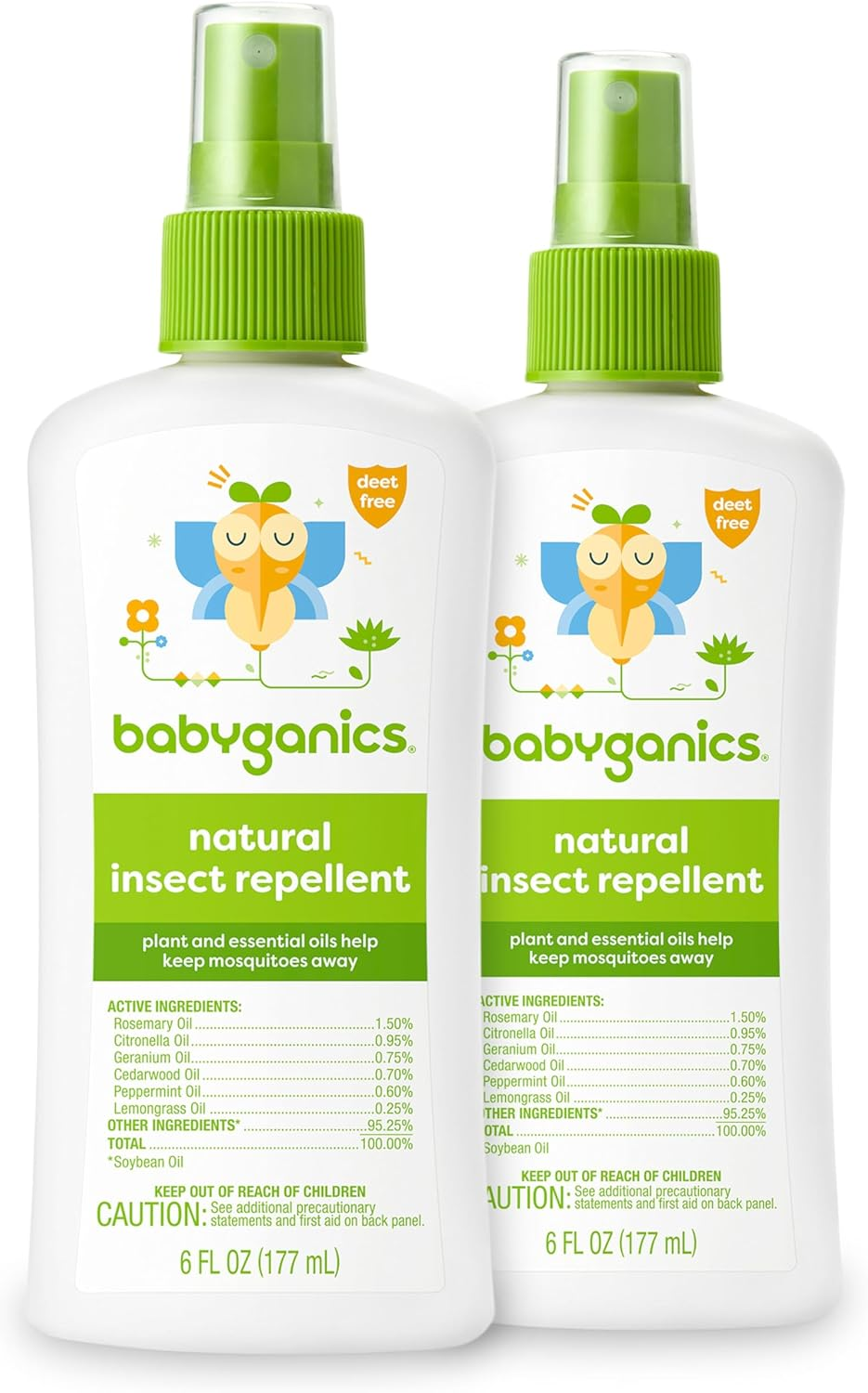 Babyganics Natural Insect Repellent Spray 2-pack DEET-free plant and essential oils 6 fl oz white bottles with green labels on white background