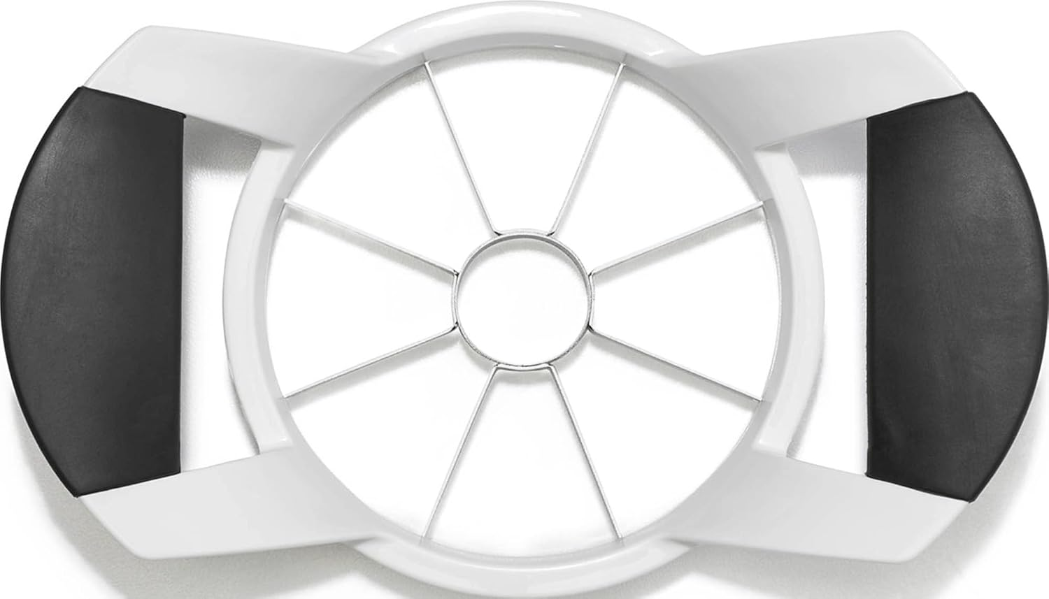 OXO Good Grips Apple Slicer Corer and Divider with stainless steel blades and white cushioned handles on white background