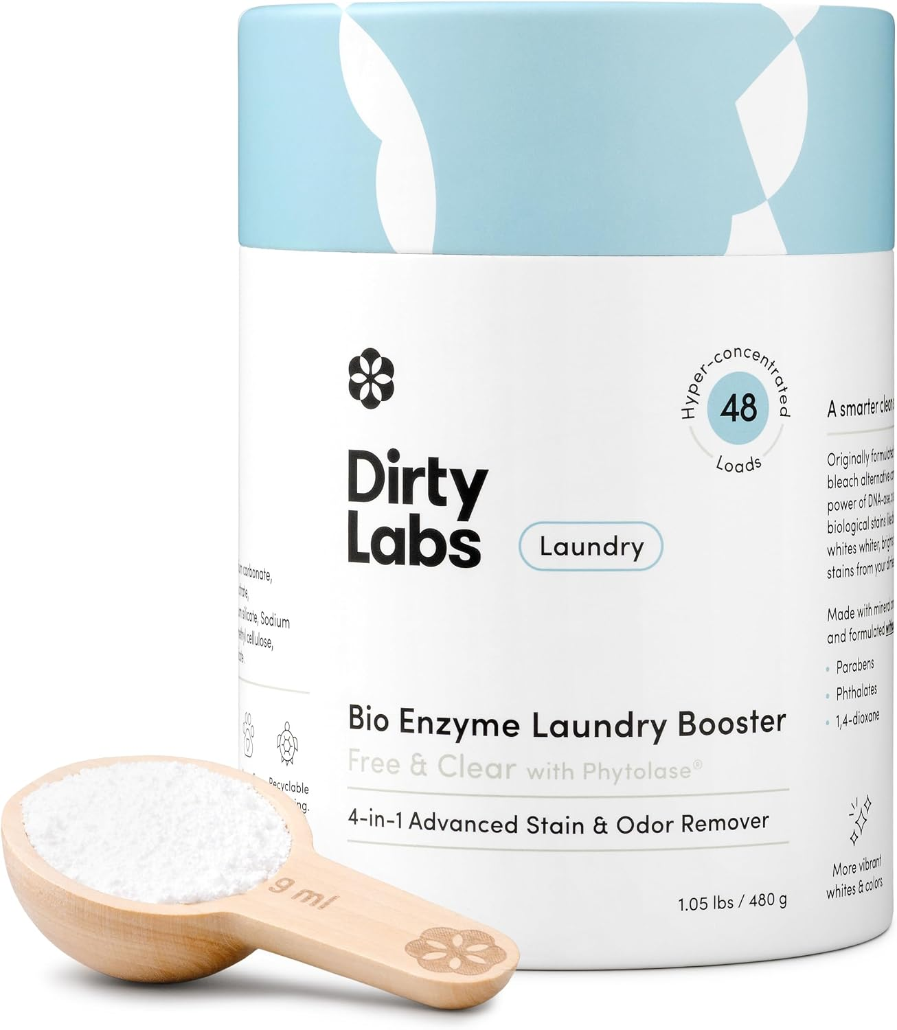 Dirty Labs Bio Enzyme Laundry Booster Scent Free 48 Loads – white canister with light blue lid and wooden scoop, hyper-concentrated formula