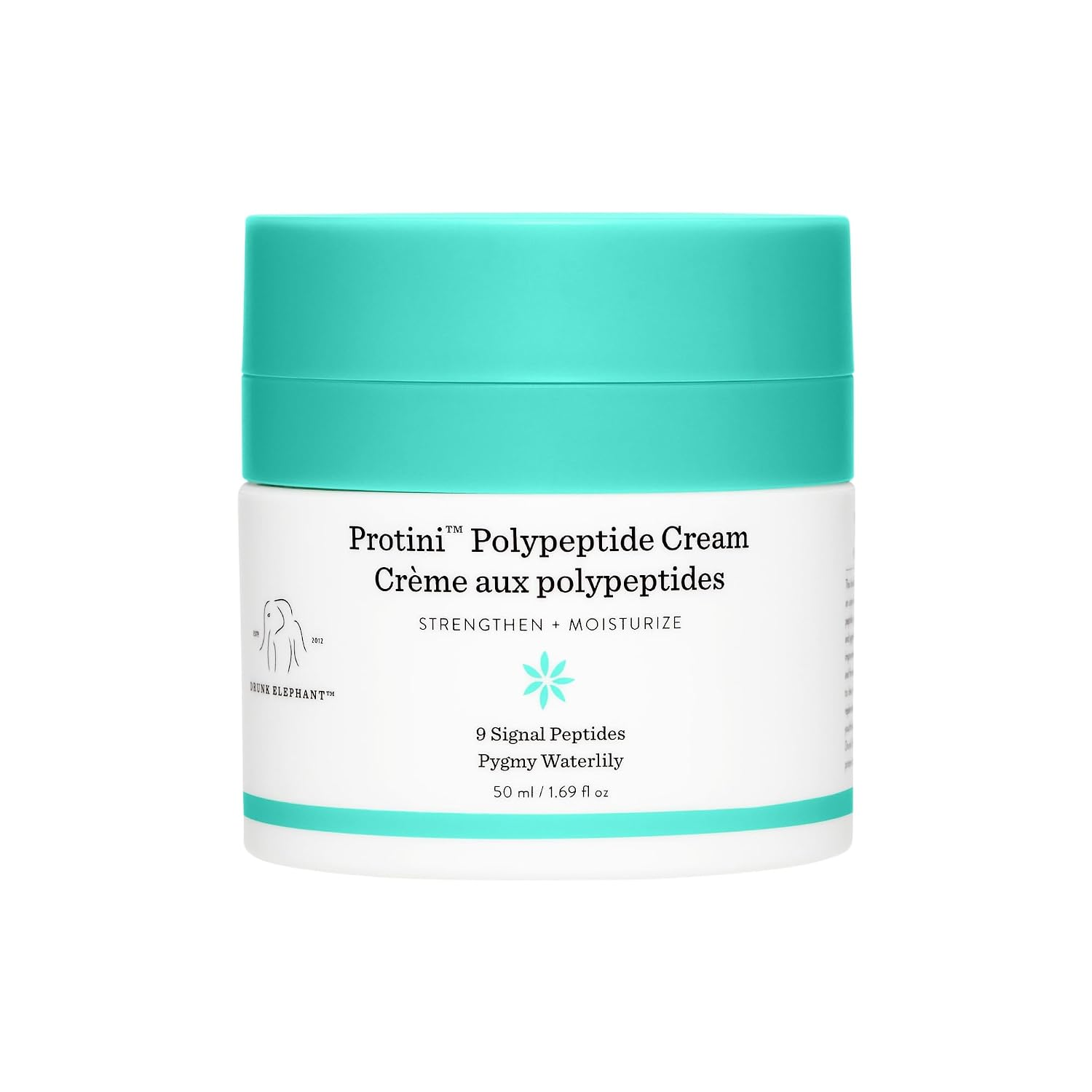 Drunk Elephant Protini Polypeptide Cream white jar with teal lid on white background