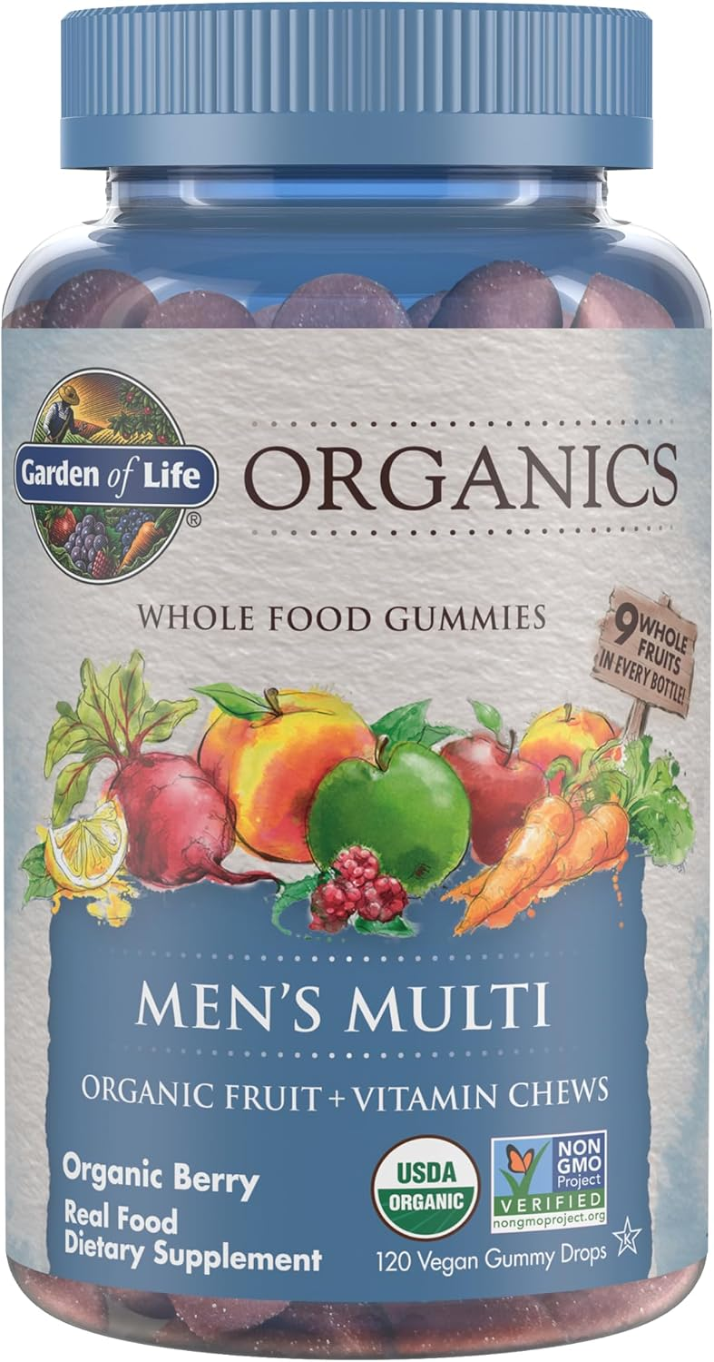 Garden of Life Organics Men's Multivitamin Gummies — USDA Organic Non-GMO Vegan Methyl B12 C D3 Organic Berry 120 Vegan Gummy Drops — BodyWell1