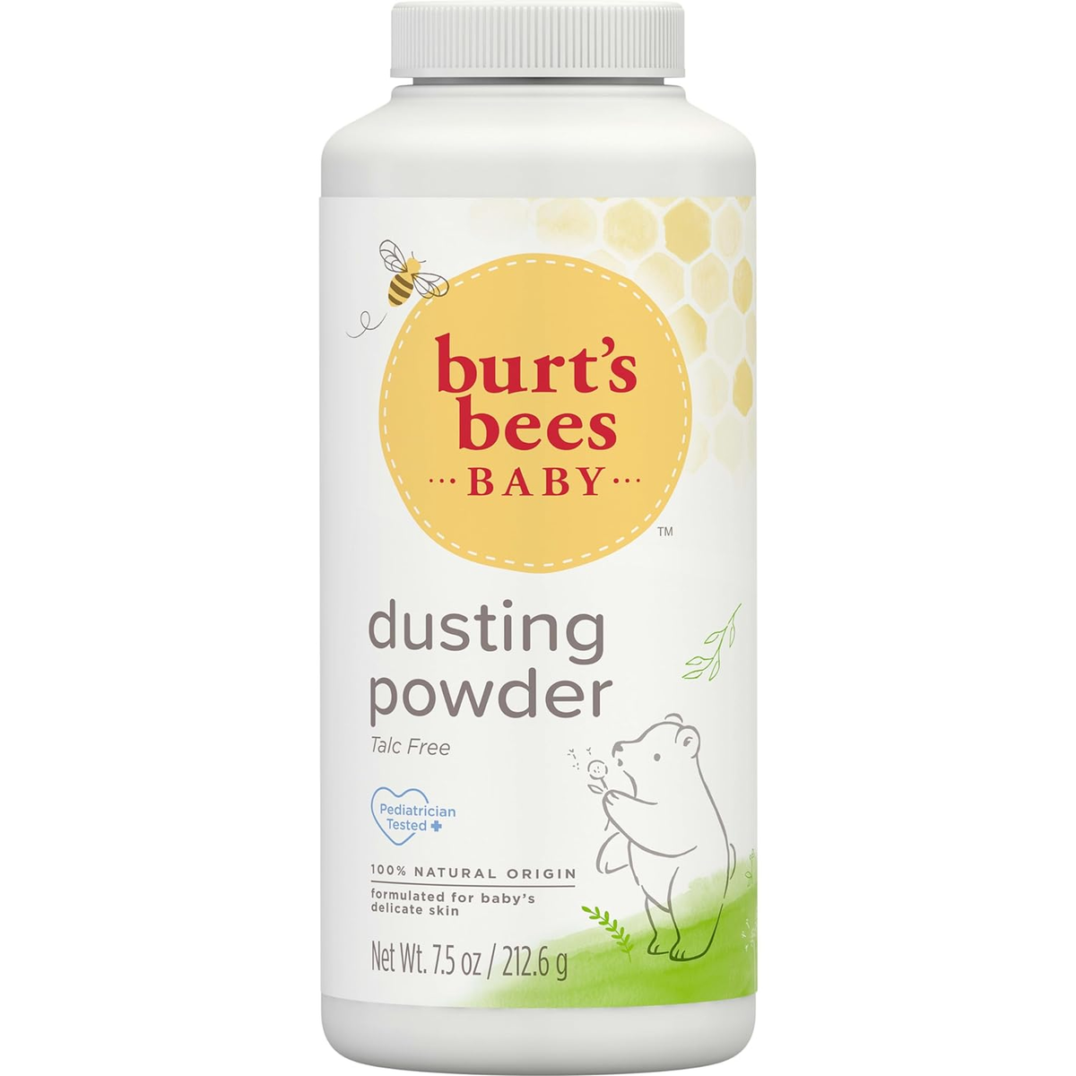 Burt's Bees Baby Dusting Powder talc-free 7.5 oz white bottle with yellow bee logo