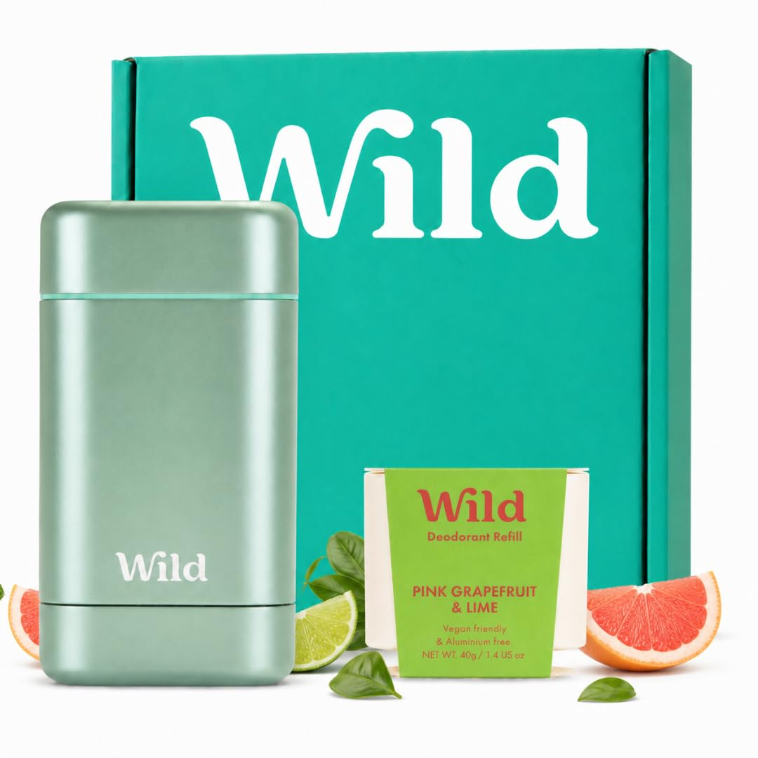 Wild refillable aqua deodorant starter kit with Pink Grapefruit and Lime refill on white background