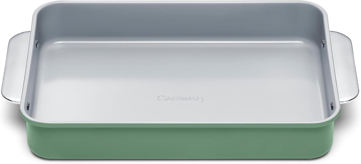 Caraway Non-Stick Ceramic 9x13 Rectangle Pan in Sage — PFAS-free PTFE-free ceramic baking dish oven safe to 550 degrees on white background