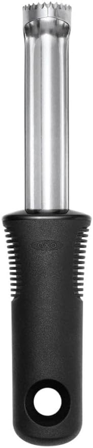 OXO Good Grips Apple Corer with stainless steel head and black non-slip handle on white background