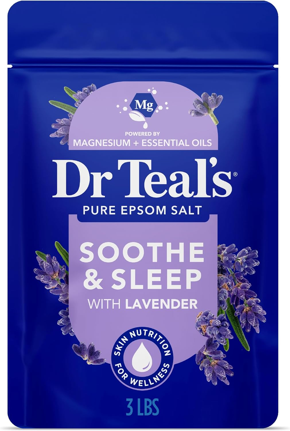 Dr. Teal's Pure Epsom Salt Soothe and Sleep with Lavender 3 lbs bag, magnesium and essential oils, skin nutrition for wellness, non-toxic bath soak on white background