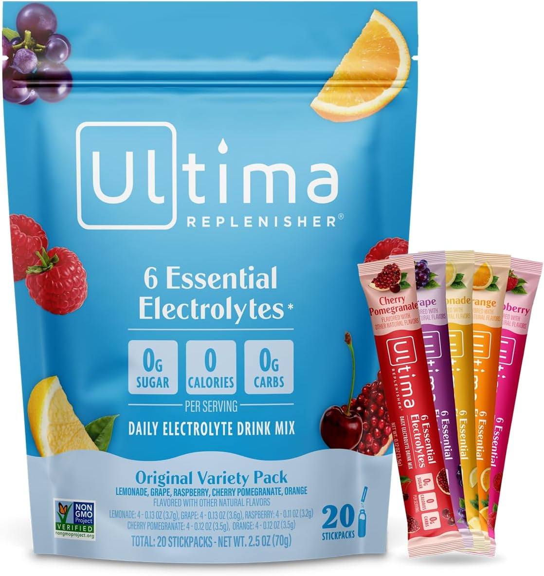 Ultima Replenisher Original Variety Electrolyte Packets 20 stickpacks blue pouch with colorful flavor packets — zero sugar plant based hydration — BodyWell1