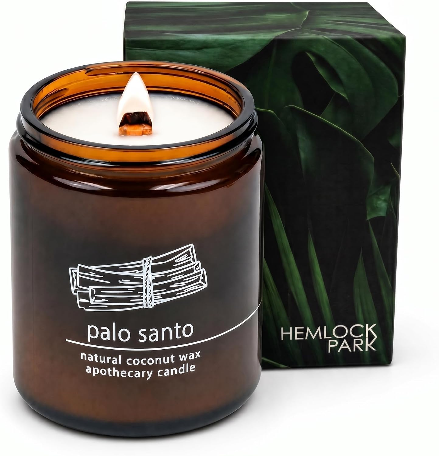 Hemlock Park Palo Santo Apothecary Candle in amber glass jar with crackling wood wick and dark green botanical box