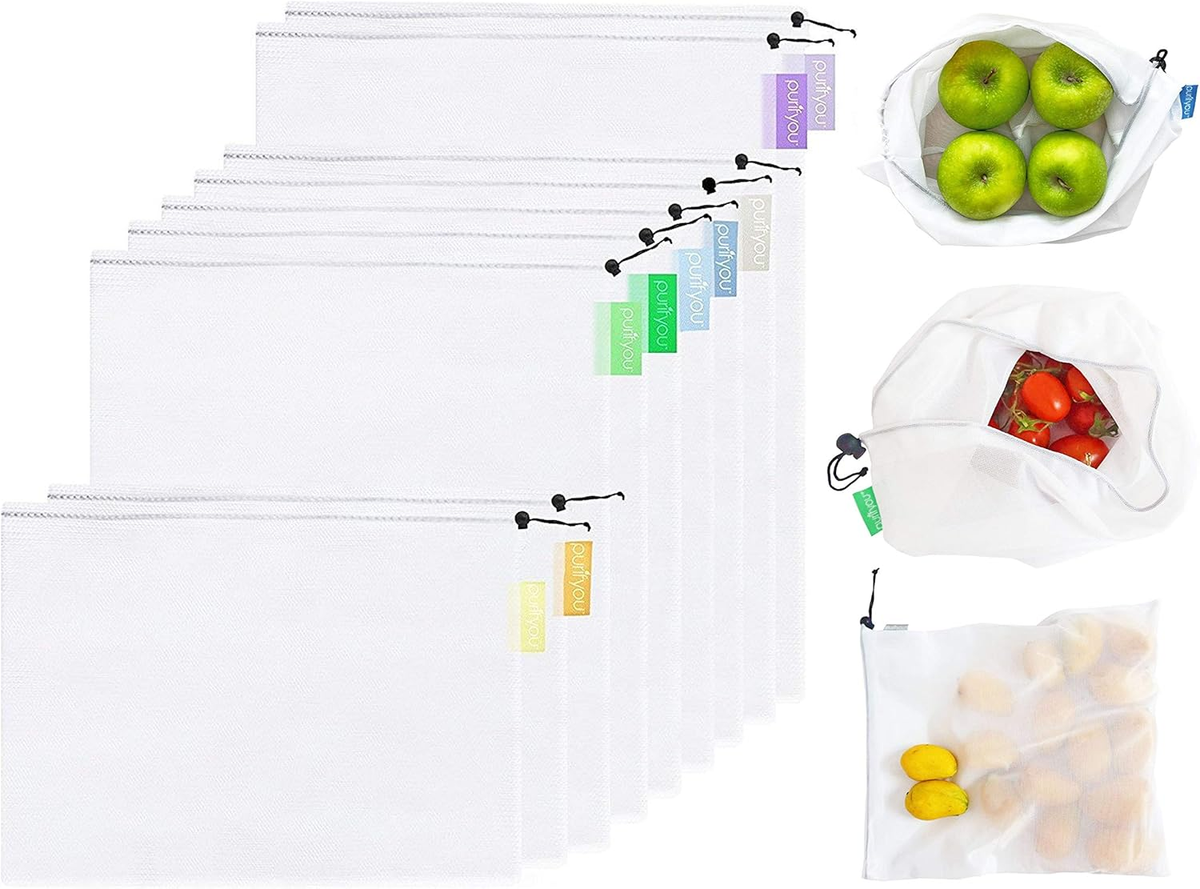Purifyou reusable mesh produce bags 9-pack in small large and extra large with color coded tare tags on white background