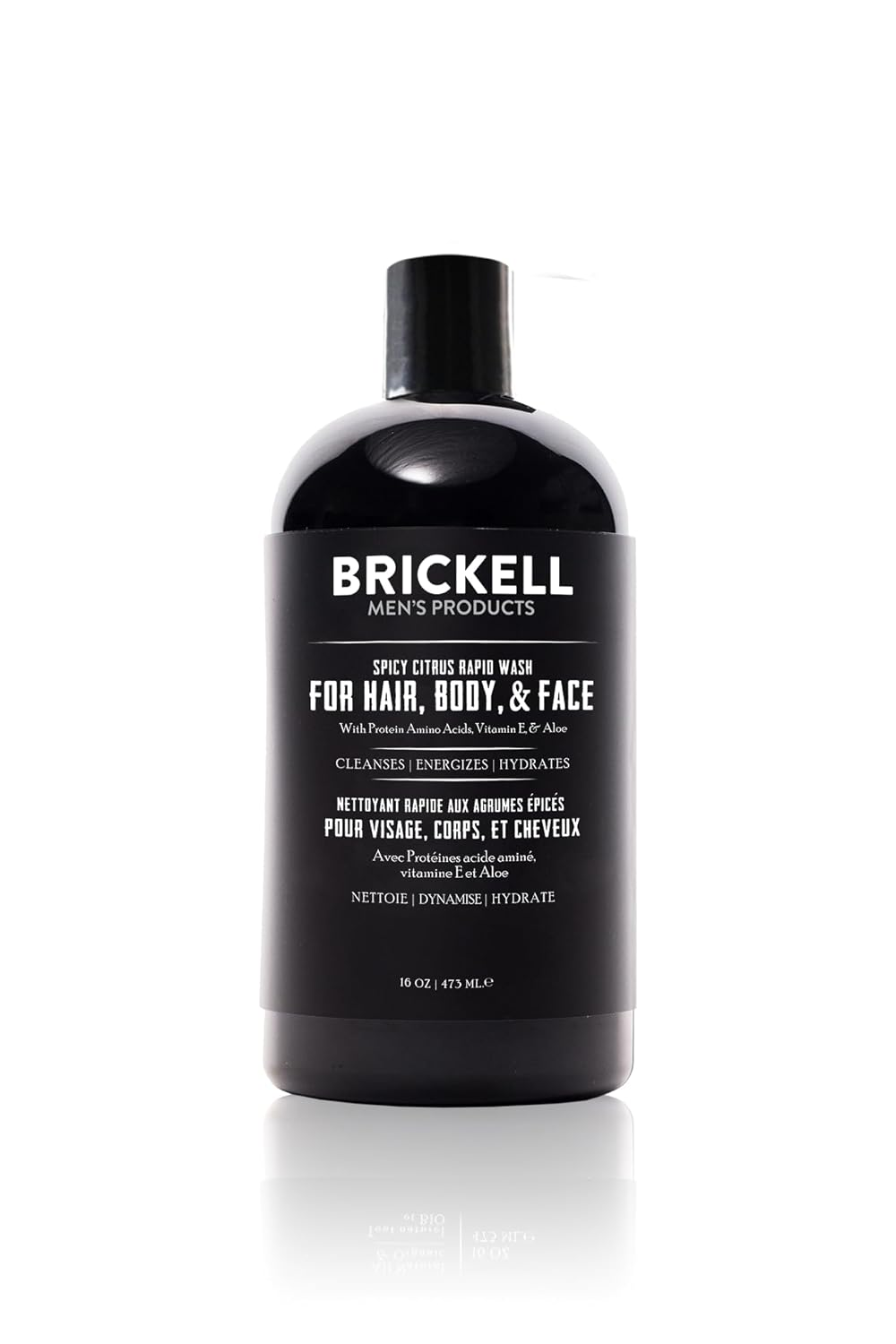 Brickell Men's Rapid Wash 3-in-1 body wash for hair body and face with aloe vitamin E and jojoba oil spicy citrus scent 16 oz black bottle