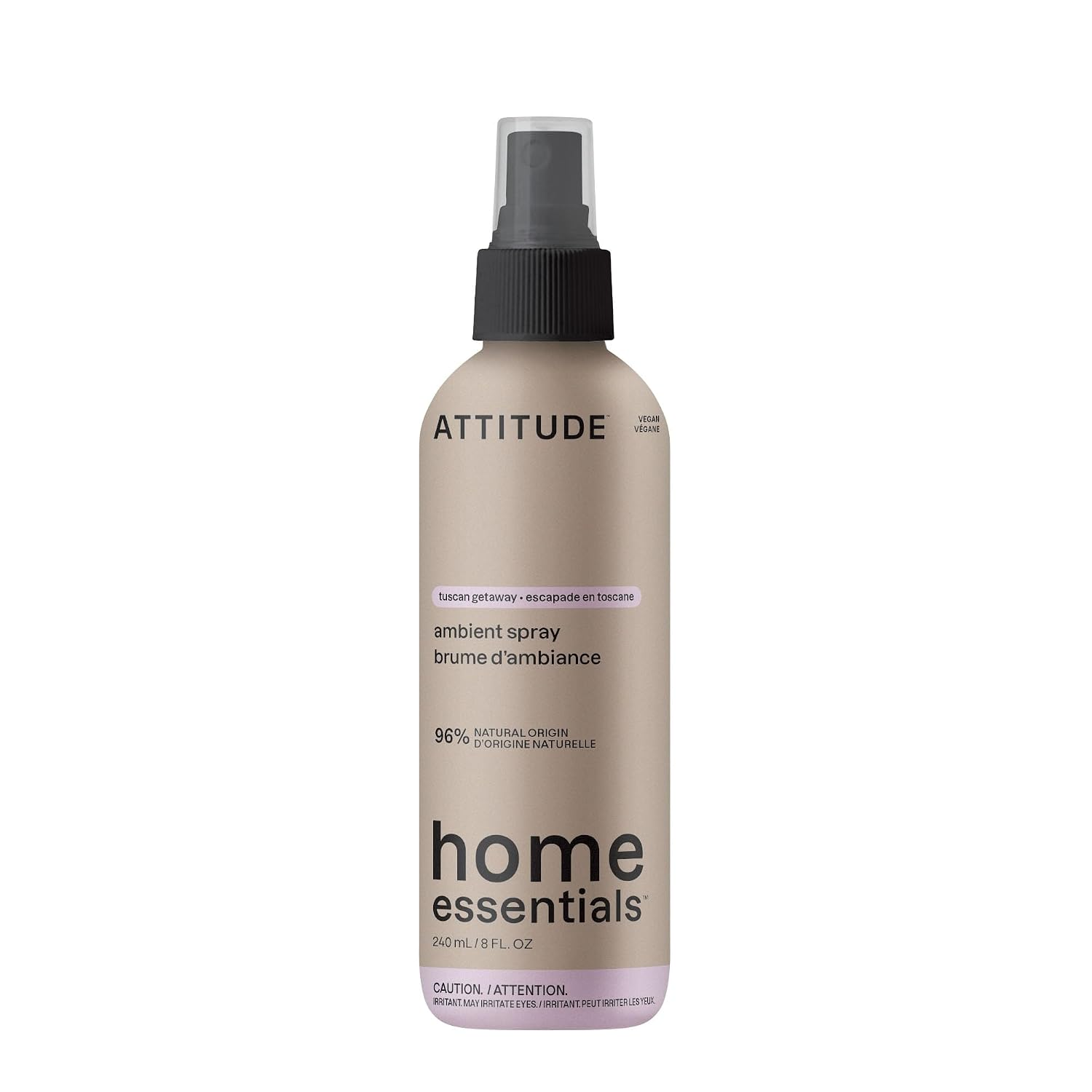 ATTITUDE Home Essentials Ambient Spray Tuscan Getaway – 96% Natural Origin, Vegan, Citrus Scent, 8 fl oz taupe bottle