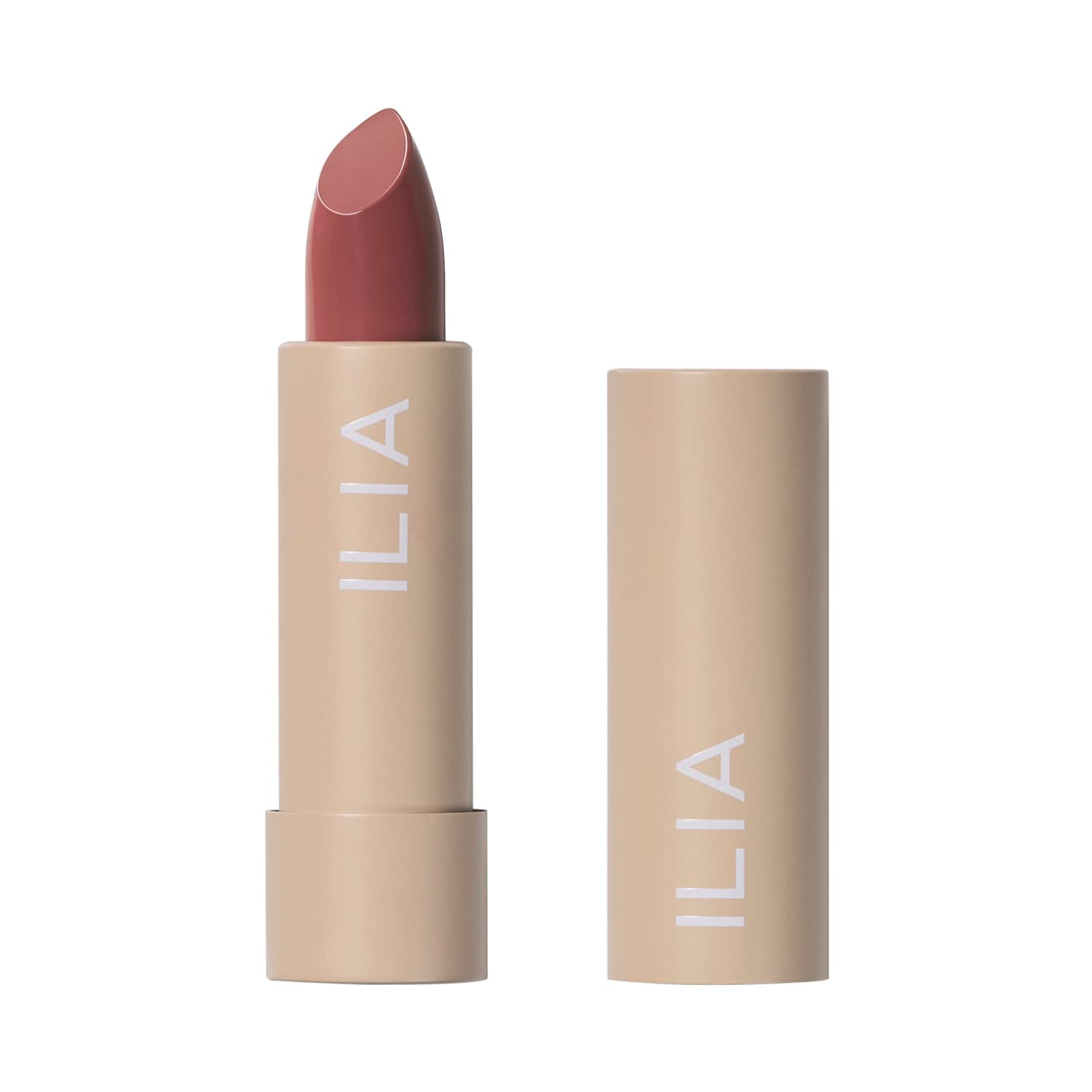 ILIA Color Block High Impact Lipstick in mauve nude shade, open tube with cap, clean beauty, vegan, cruelty-free, non-toxic lip color on white background