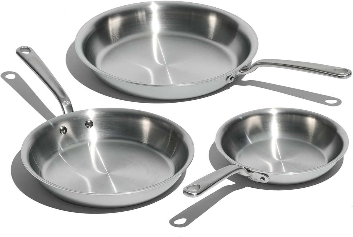 Made In Cookware 3-Piece Stainless Steel Frying Pan Set — 8", 10" and 12" 5-ply clad stainless pans made in Italy on white background