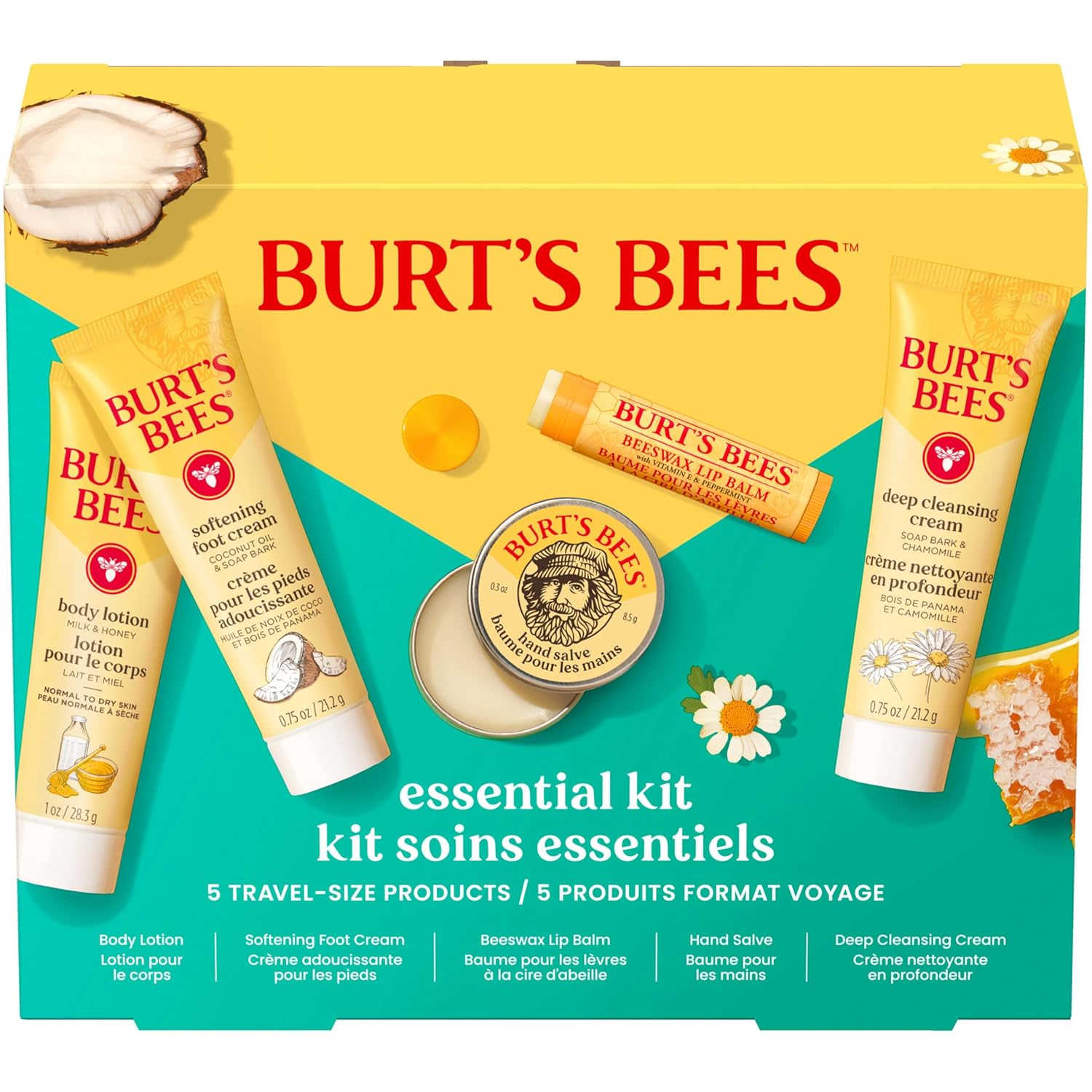 Burt's Bees Essentials Kit 5-piece travel size gift set with body lotion, foot cream, lip balm, hand salve and deep cleansing cream