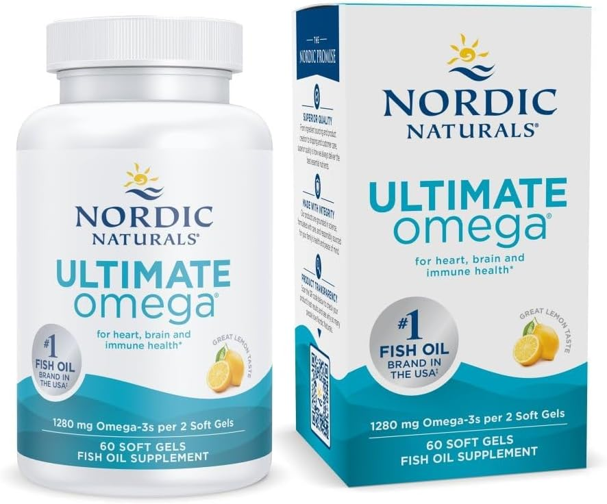 Nordic Naturals Ultimate Omega 1280mg omega-3 fish oil supplement bottle and box in white and teal on white background — 60 soft gels lemon flavor