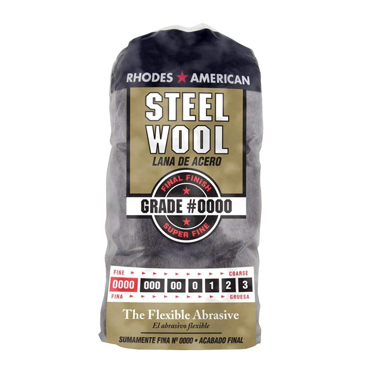 Steel wool, super fine grade #0000, packaged on a white background