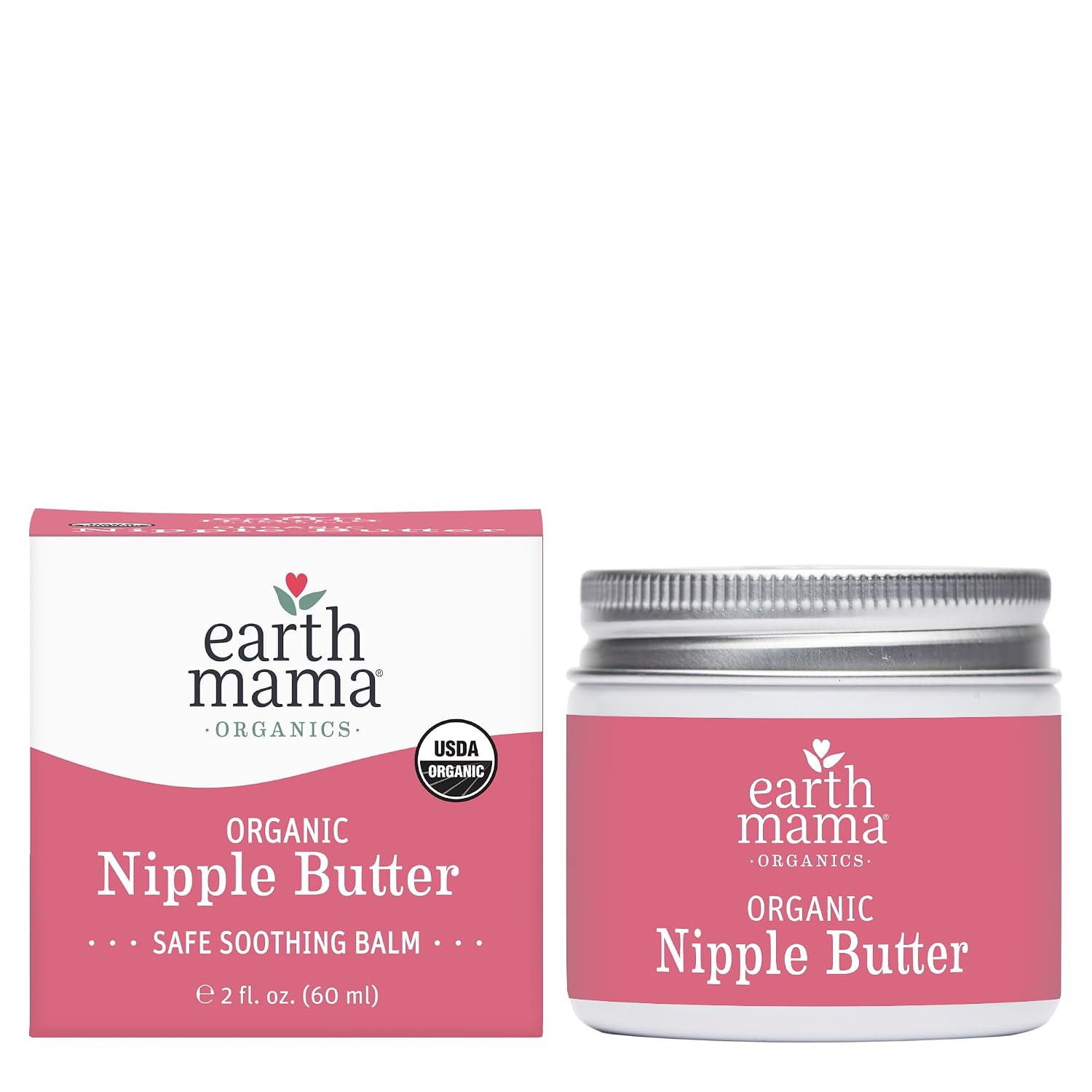 Earth Mama Organics Organic Nipple Butter pink and white box with USDA Organic seal alongside silver-lidded pink jar on white background, labeled Safe Soothing Balm 2 fl oz 60ml