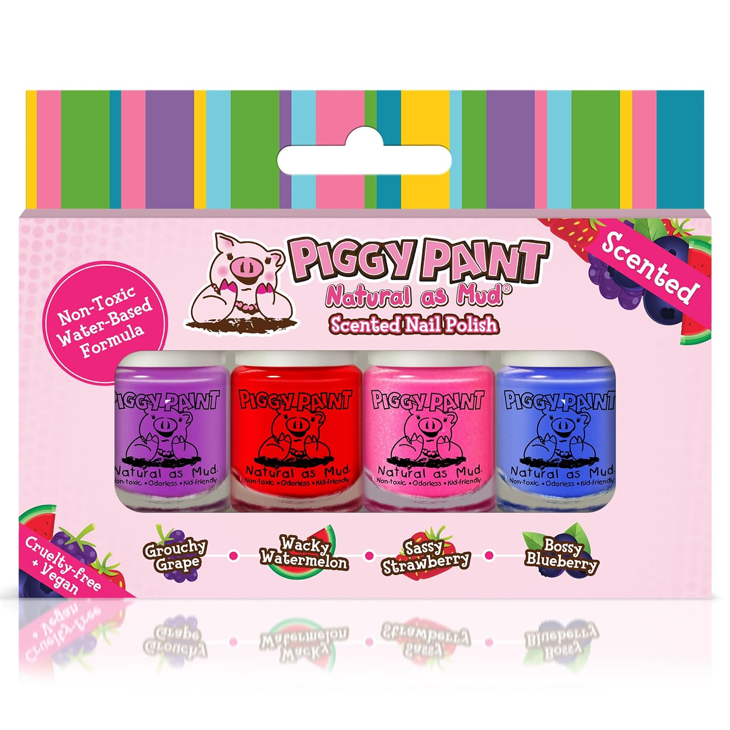 Piggy Paint Scented Nail Polish 4-Color Set in Grouchy Grape, Wacky Watermelon, Sassy Strawberry and Bossy Blueberry, non-toxic water-based vegan formula in colorful rainbow striped gift box