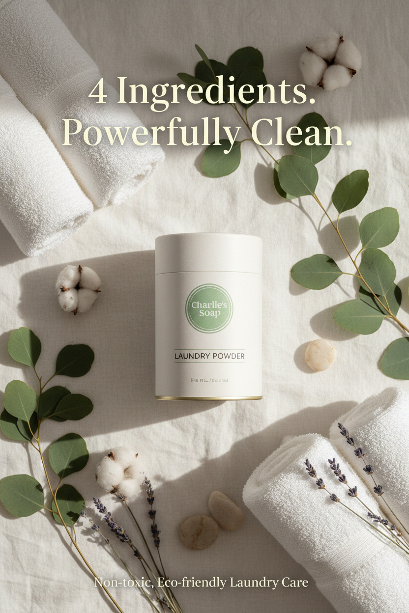 Charlie's Soap Laundry Powder container surrounded by eucalyptus and white cotton towels on white linen — non-toxic, 4-ingredient laundry powder safe for the whole family.