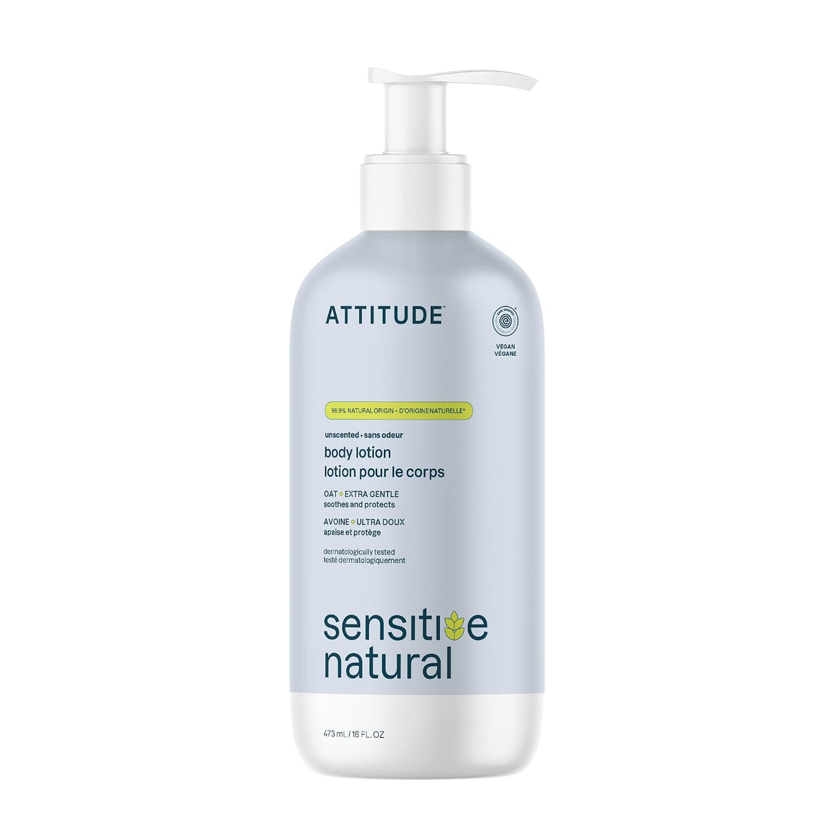 ATTITUDE Sensitive Natural Unscented Body Lotion 16 fl oz pump bottle with oat extract — EWG Verified, vegan, 98% natural-origin ingredients on white background
