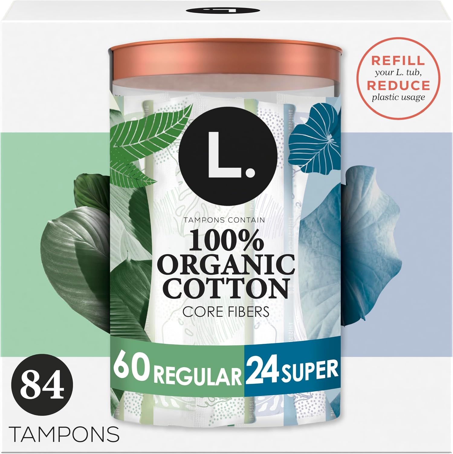 L. Cotton Tampons 100% Organic Cotton Core Fibers, Regular and Super Absorbency Multipack, 84 Count in refillable tub, made without synthetic pesticides or fragrances