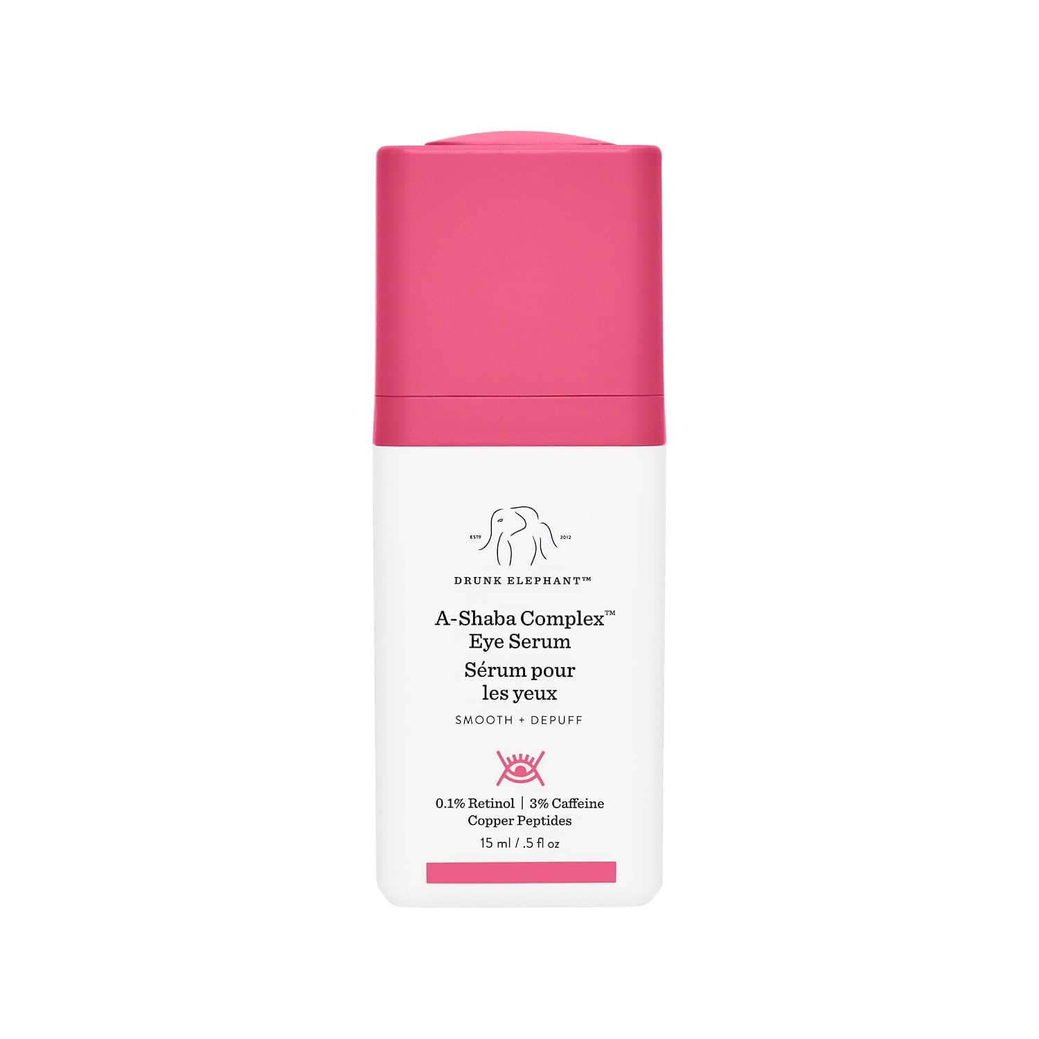 Drunk Elephant A-Shaba Complex Eye Serum in a white pump bottle with pink cap on a white background