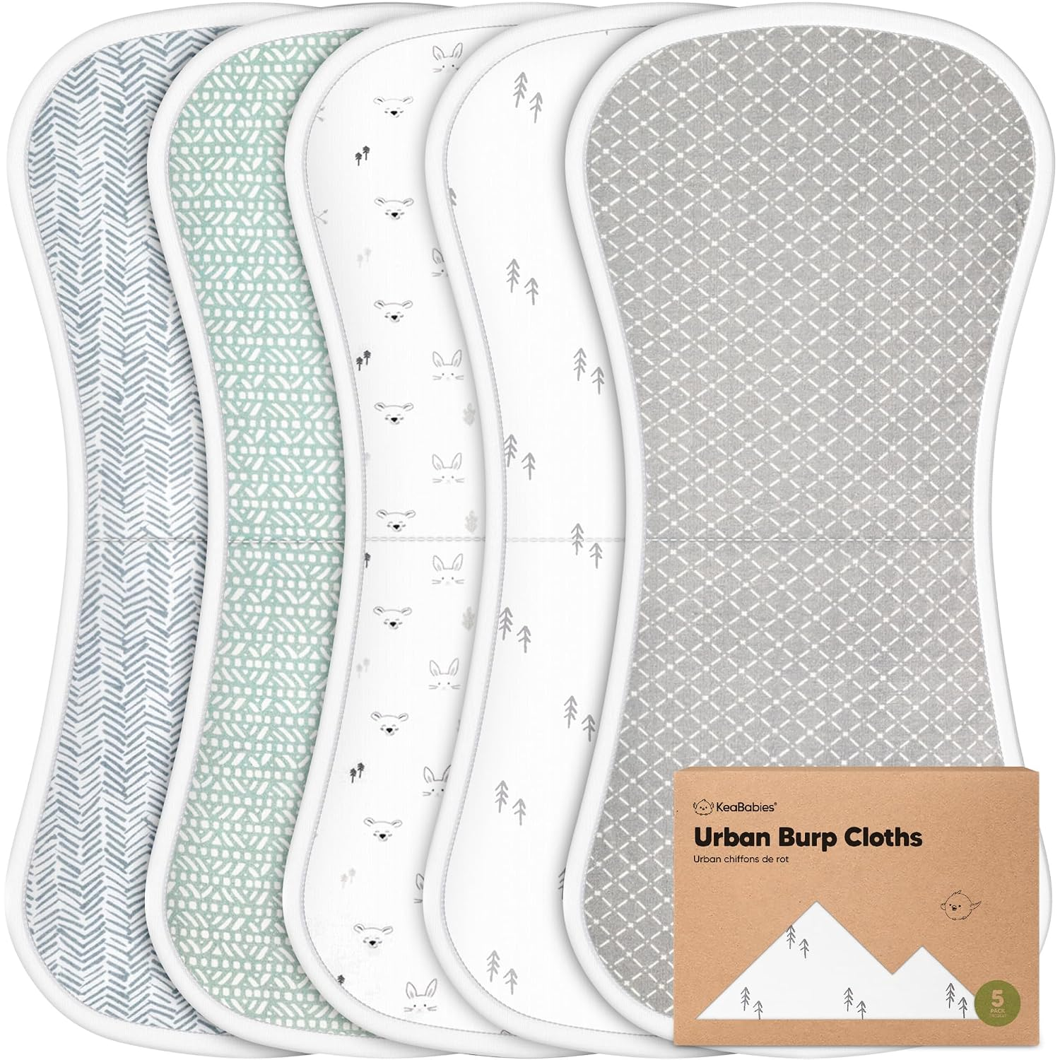Organic cotton burp cloths for baby 5-pack in Nordic prints — gray, mint, and white woodland patterns, super absorbent large 21x10 inch cotton burp rags for newborns