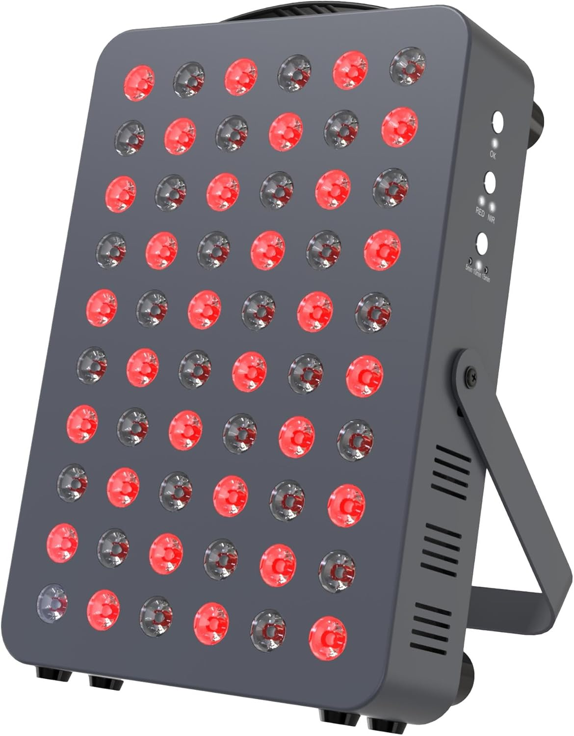 Hooga HG300 red light therapy panel with 60 LEDs showing 660nm red and 850nm near-infrared lights on white background — BodyWell1.com