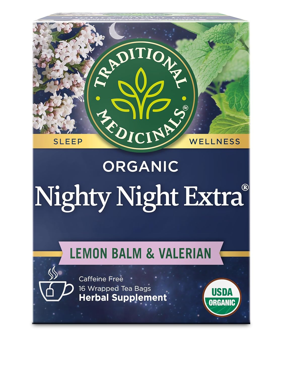 Traditional Medicinals Organic Nighty Night Extra tea box with lemon balm and valerian root — caffeine-free herbal sleep tea, USDA Organic, 16 tea bags