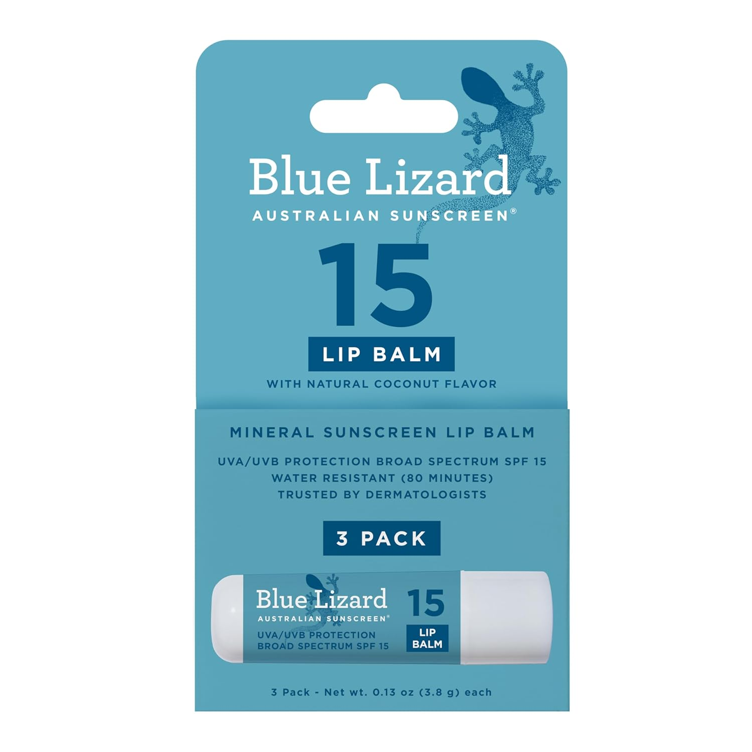 Blue Lizard Mineral SPF 15 Lip Balm 3-Pack in teal packaging — broad spectrum water resistant mineral sunscreen lip balm with natural coconut flavor for kids and families