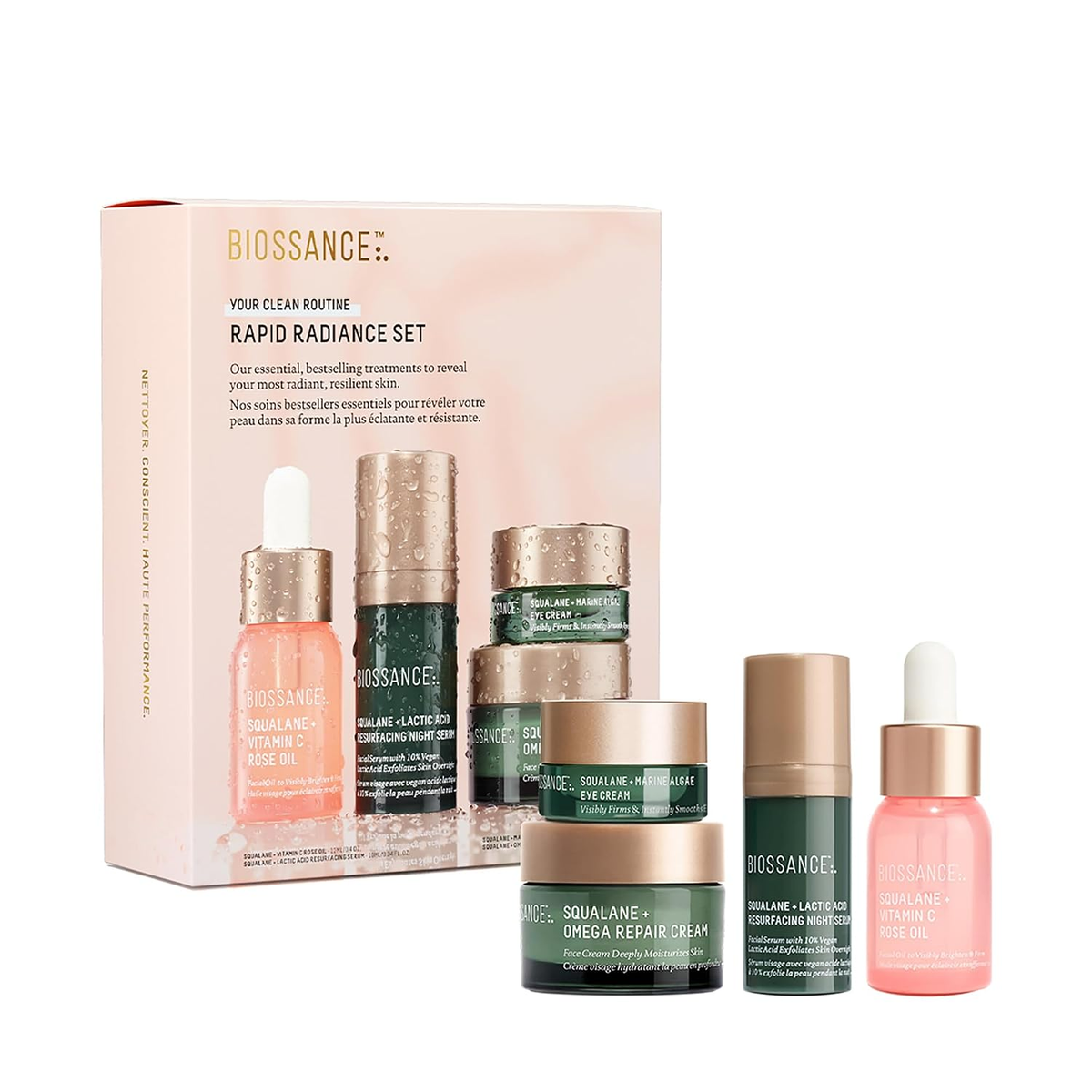 Biossance Rapid Radiance Set with Squalane Vitamin C Rose Oil, Lactic Acid Night Serum, Omega Repair Cream and Marine Algae Eye Cream in blush pink gift box — BodyWell1