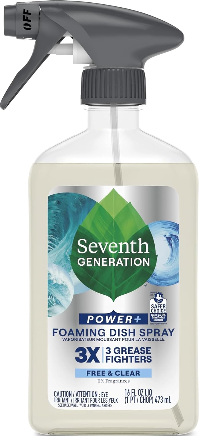 Seventh Generation Power+ Foaming Dish Spray Free and Clear 16 fl oz — EPA Safer Choice certified, plant-based, unscented