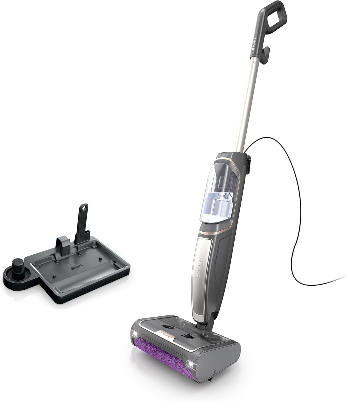 Shark Steam Pickup 3-in-1 steam mop with debris tray and cleaning brushroll on a white background