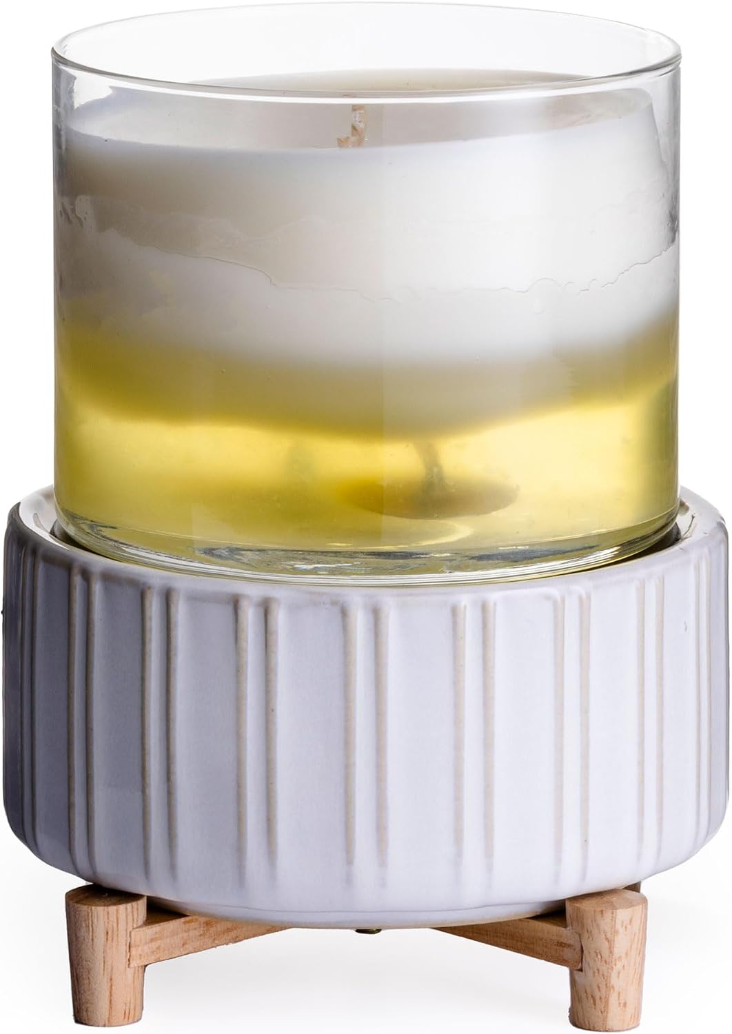 Candle Warmers ETC 2-in-1 Fragrance Warmer in Ceramic and Wood style with ribbed white ceramic base on natural wood legs and clear glass dish holding a glowing scented candle on a white background.