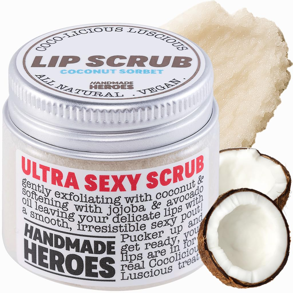 Handmade Heroes Ultra Sexy Lip Scrub in Coconut Sorbet — 100% natural vegan coconut lip exfoliator jar with coconut halves