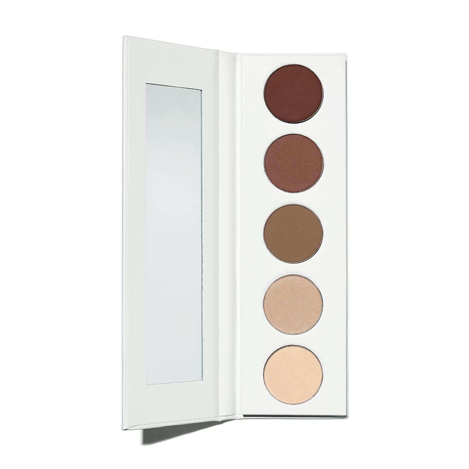 W3ll People Power Palette eyeshadow in Taupe open showing 5 warm brown and nude matte and shimmer shades with mirror on white background