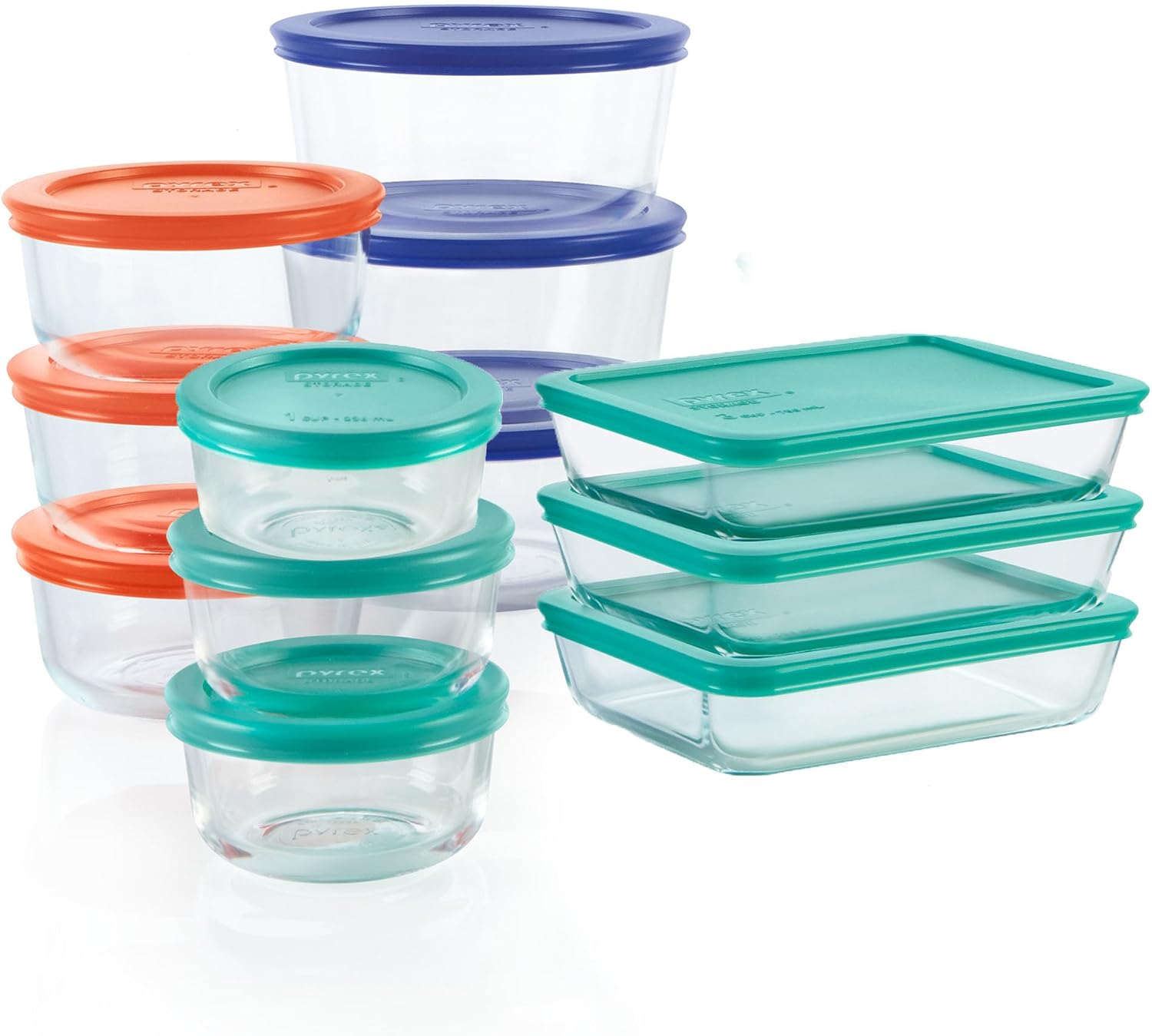 Pyrex Simply Store 12-pack glass food storage containers set with BPA-free lids in multiple colors on white background