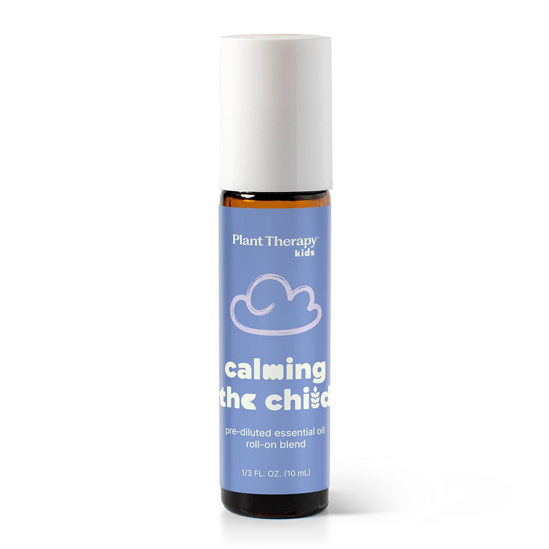 Plant Therapy Kids Calming the Child pre-diluted essential oil roll-on blend, soft periwinkle blue label with cloud graphic, white cap on amber glass bottle, 10 mL, KidSafe calming blend with tangerine lavender and chamomile