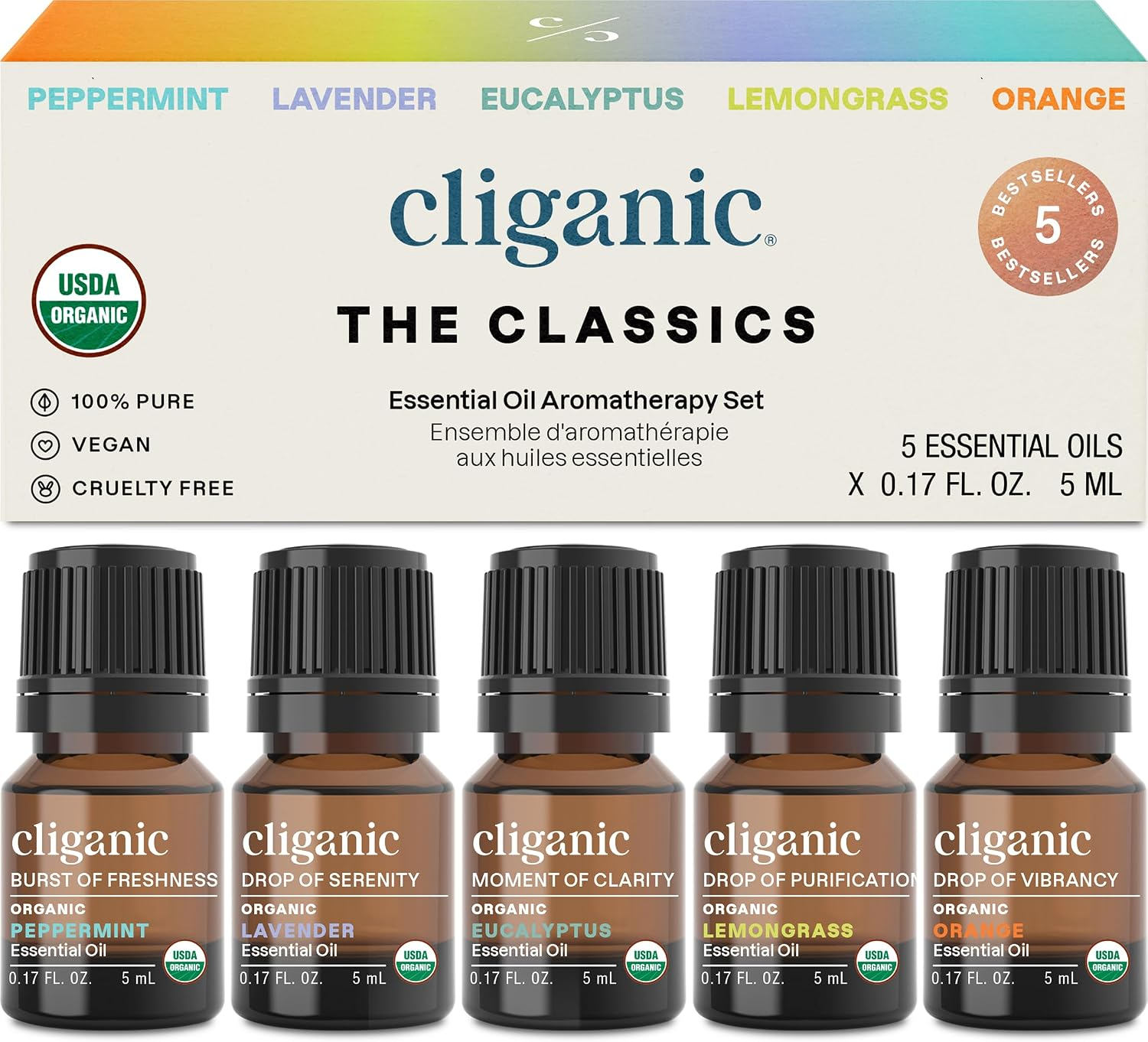 Cliganic Organic Essential Oils The Classics 5-Pack – USDA Organic Peppermint Lavender Eucalyptus Lemongrass Orange, 5ml amber glass bottles in minimalist cream packaging