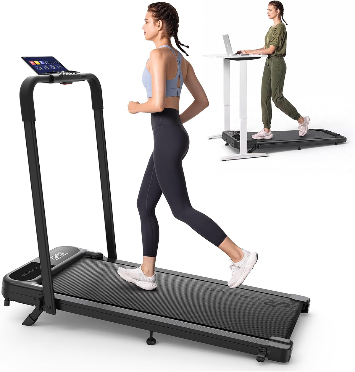UREVO Strol 2E Pro smart walking pad treadmill showing woman running with safety handle and woman walking at standing desk on white background