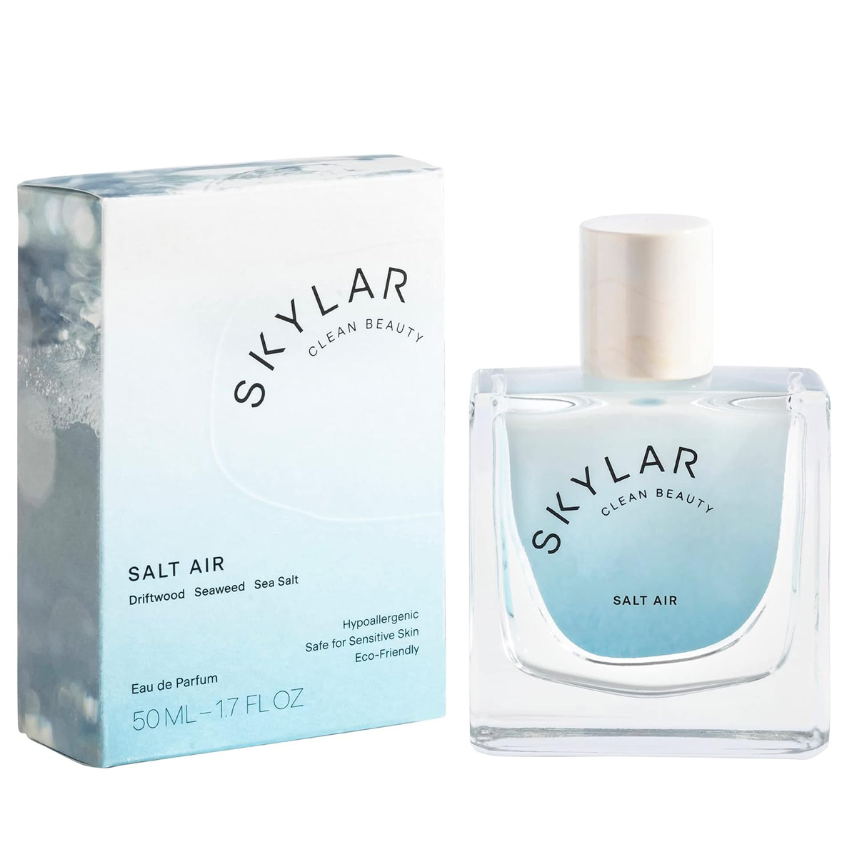 Skylar Salt Air Eau de Parfum full size bottle and box — aqua gradient glass, driftwood water lily vanilla, clean hypoallergenic vegan fragrance, 1.7 fl oz